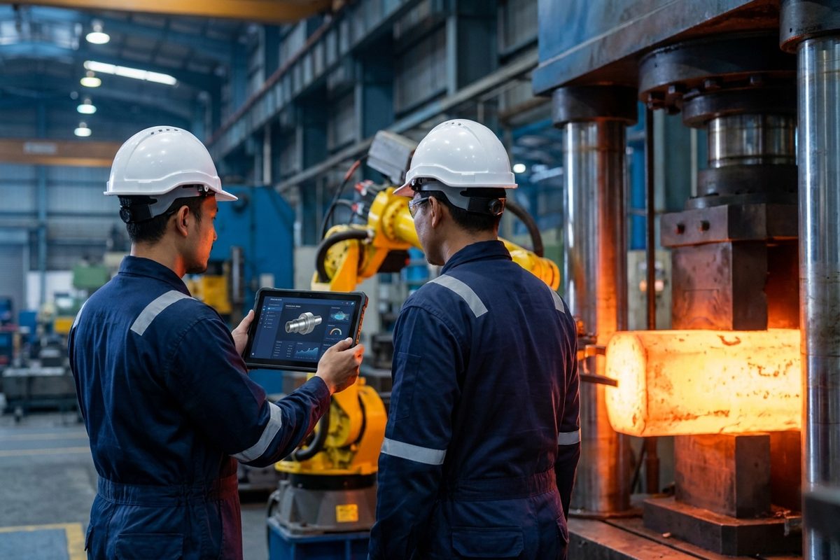 Engineers reviewing a digital model on a tablet beside a forging press (illustrative image)